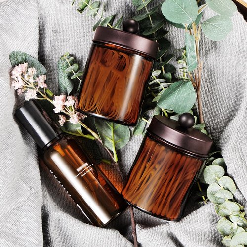 Amber Glass Qtip Holder - Apothecary Jar Set with Brown Metal Lid | Bathroom Organizer for Cotton Swabs (3 Pack, Bronze)