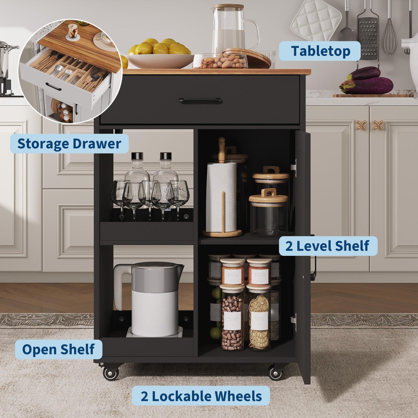 GarveeLife Kitchen Island with Drop Leaf, Rolling Kitchen Island on Wheels with Storage, Island Cart with 2 Open Shelves,1 Drawer for Kitchen, Dining Room