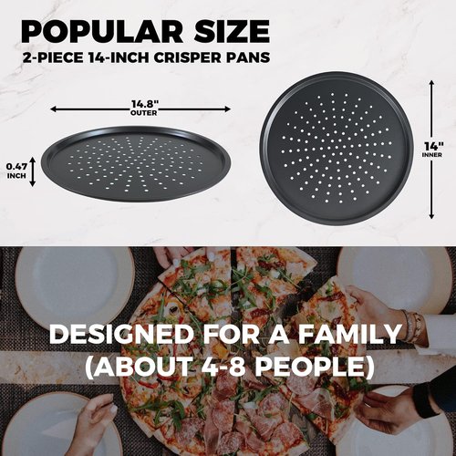 HONGBAKE 14.8-Inch Non-Stick Pizza Pan Set - Perforated Carbon Steel for Crispy Homemade Pizza | Grey, 2 Pack