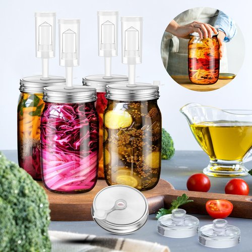 Honeydak 6 Pack Fermentation Jar Kit Include 34 oz Wide Mouth Mason Glass Jars with Fermenting Weights and Airlocks, Stainless Steel Lids, Pickle Jar for Kimchi, Sauerkraut, Vegetables, Yogurt