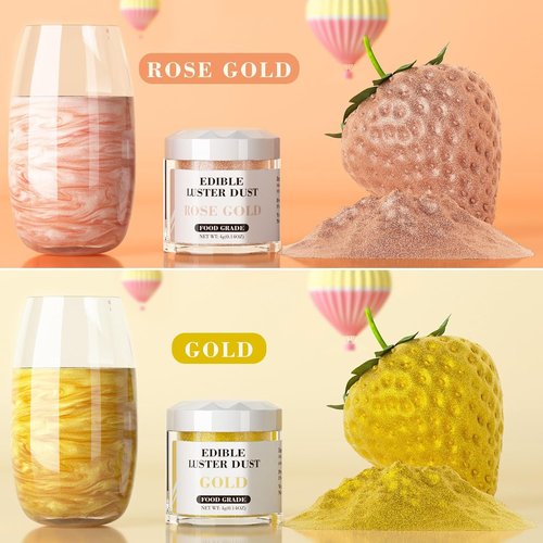 Cherrysea Luster Dust Edible Set - Food Grade Shimmer Powder for Cakes & Cocktails | 4g Bottles - Gold & Rose Gold