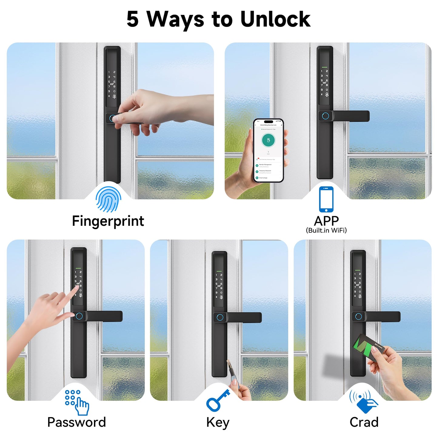 Sliding Glass Door Smart Lock with Handle Keyless Entry Sliding Door Lock with Image Doorbell Fingerprint Code RFID Card Keypad Key WiFi Remote Replacment Slim Thin Frame Patio Door 2885 Mortise Lock