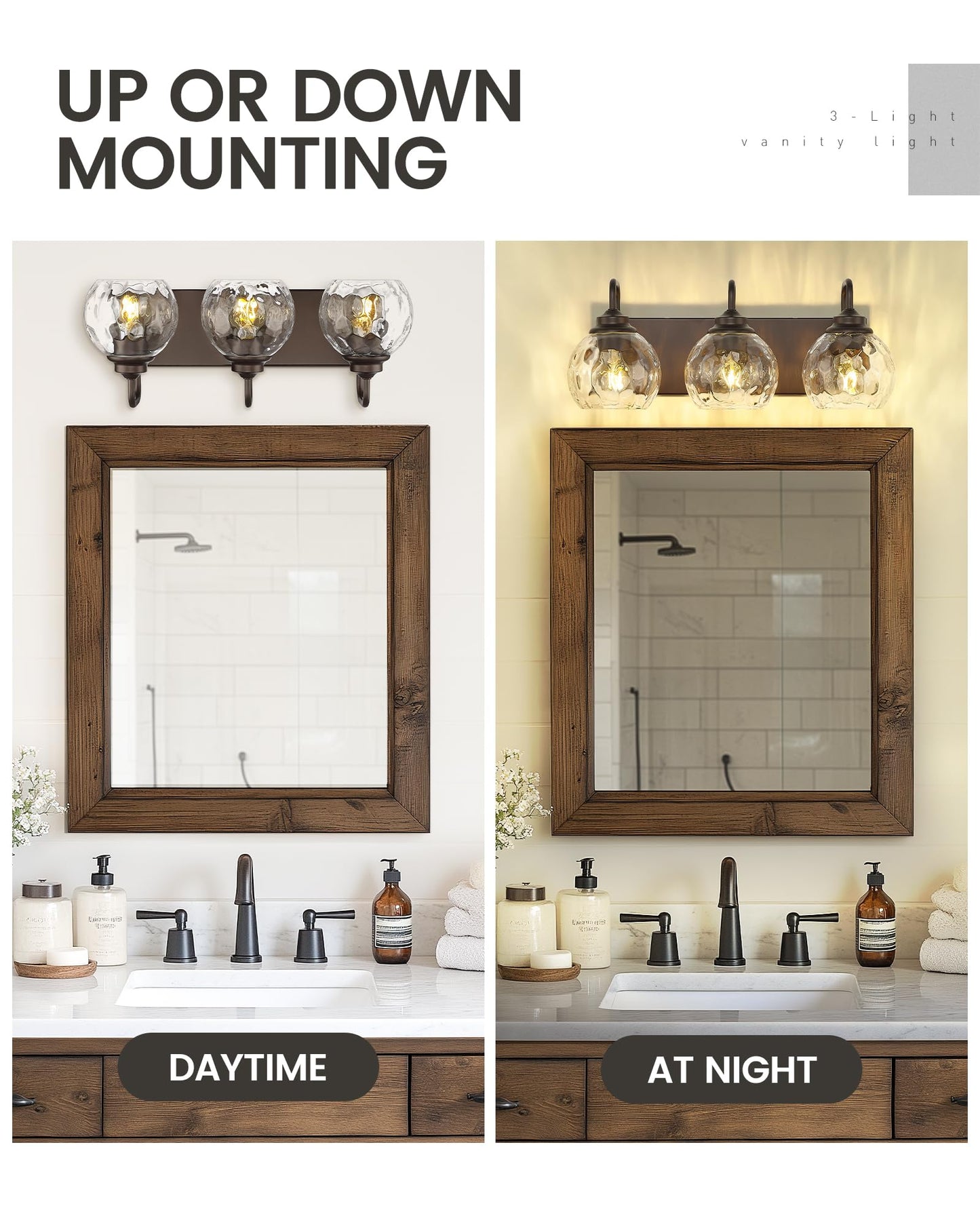 zeyu 3-Light Bathroom Vanity Light Fixtures, Oil Rubbed Bronze, Water Ripple Globe Shade, Model ZSL72BG-3W ORB-WG