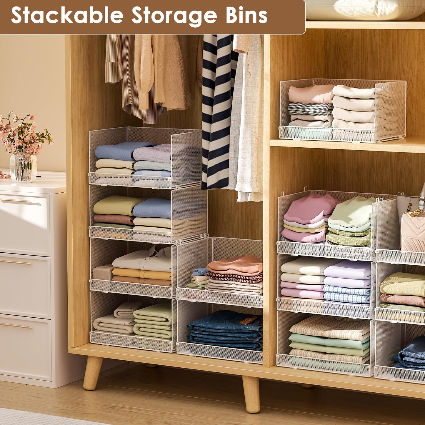 Tiaoheka 4-Tier Stackable Closet Organizers and Storage Shelves, Foldable Closet Shelf Organizer, Stackable Storage Bins Drawers for Closet Organizer System, White(Patent Pending)