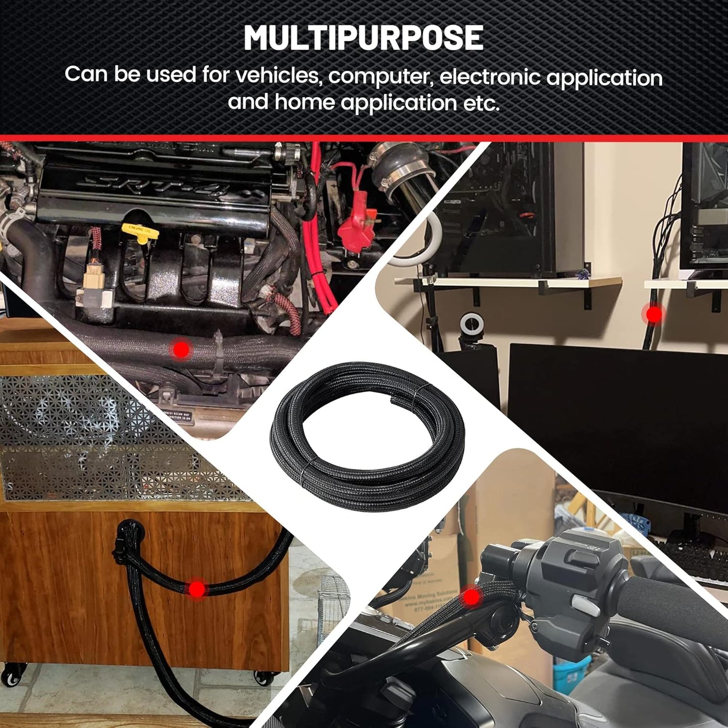 RED WOLF 10 1/2" Braided Wire Cable Sleeve Split Wiring Sleeving Feet - Flexible Self-Wrap for Automotive Computer