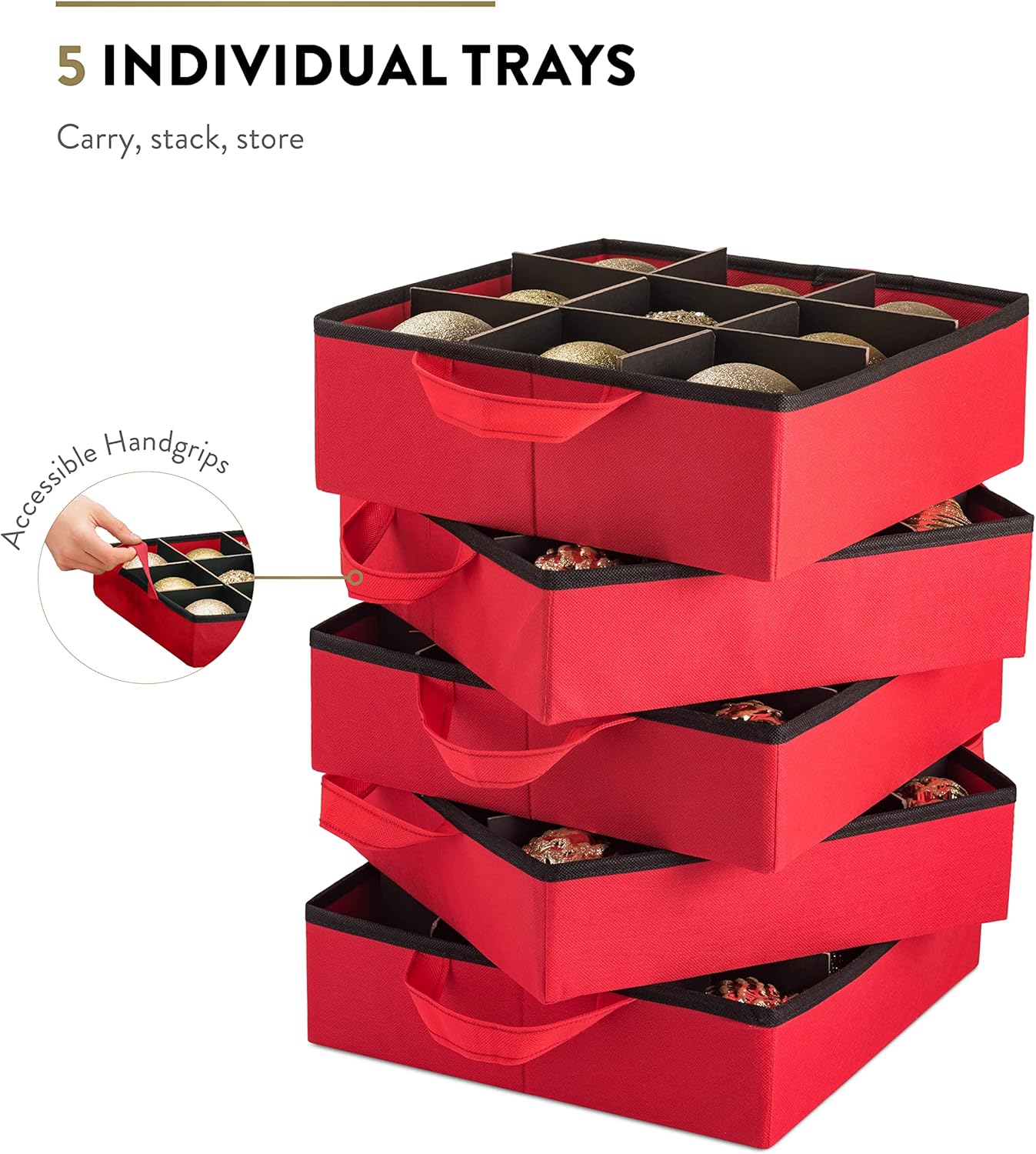 ZOBER Christmas Ornament Storage Box - Easy Access Removable Trays for 73 Ornaments - Red