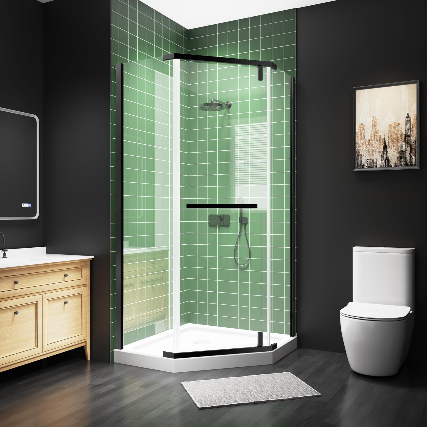 36" W x 36" D x 72" H Frameless Neo-Angle Shower Enclosure, Pivot Glass Shower Door with 1/4" (6mm) Clear SGCC Tempered Glass, Matte Black Finish, Reversible Installation