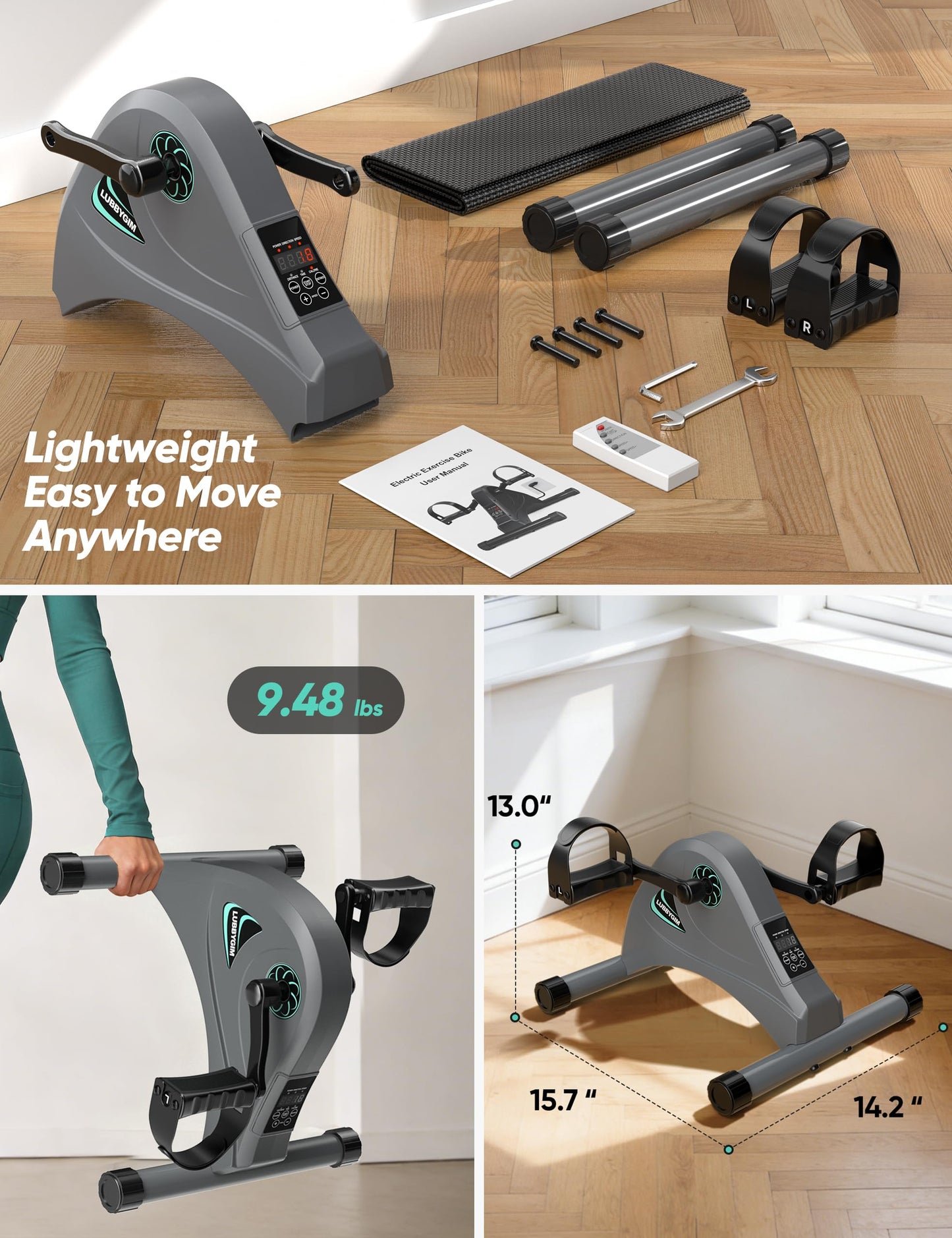 LUBBYGIM Mini Exercise Bike, Under Desk Bike Pedal Exerciser for Seniors & Physical Therapy, Electric Motorized Foot Pedal Machine for Arm and Leg Fitness, 6 Speed Levels
