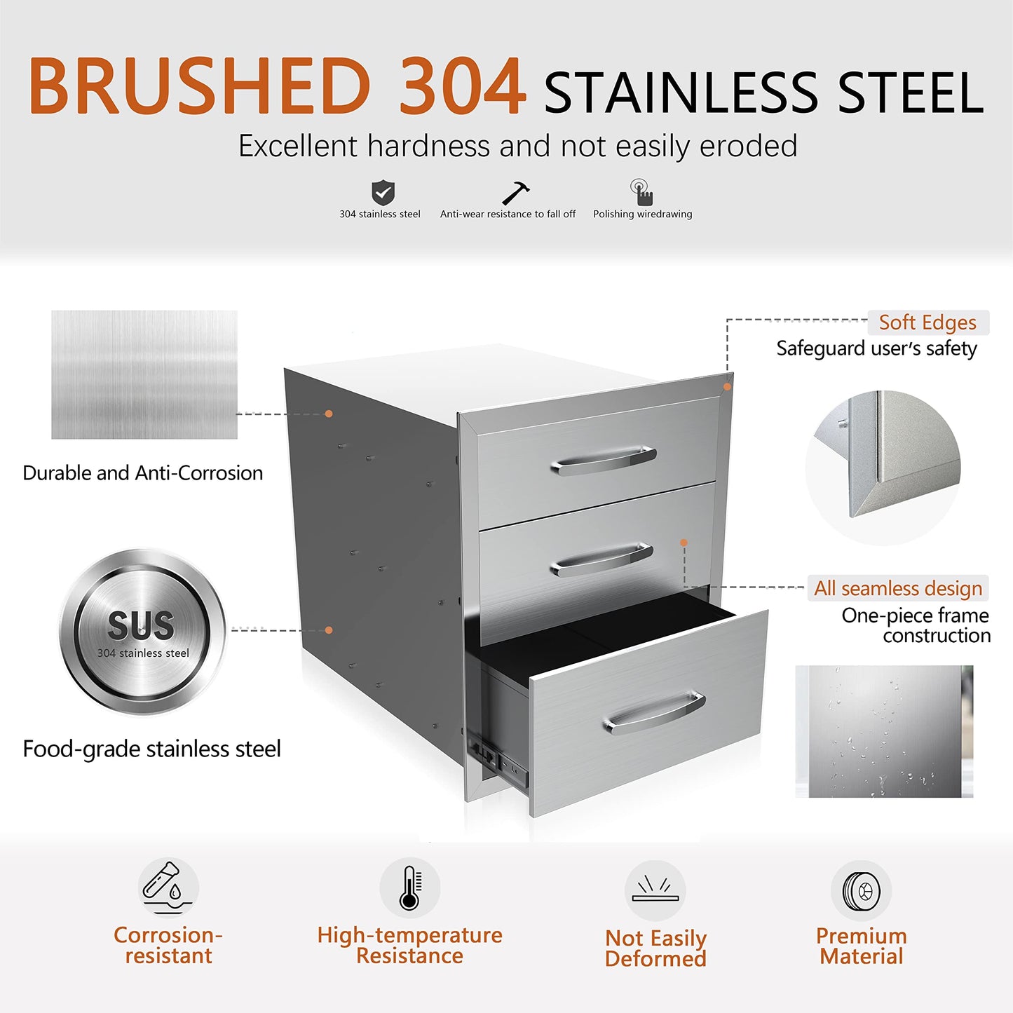 KODOM 20''W x 27''H x 23''D Outdoor Kitchen Triple Access Drawers Stainless Steel, Flush Mount BBQ with Handles BBQ Island for Outdoor Kitchens or Patio Grill Station