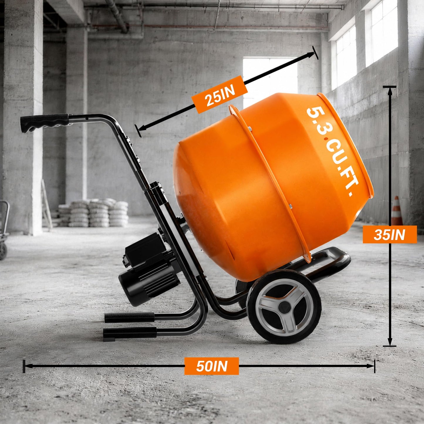SILVEL 5.3 Cu.Ft. Cart-Mounted Concrete Mixer with Stand– 750W 1HP Electric Cement Mixer, Heavy Duty Mixing Machine for Mortar, Stucco & Grout, Orange