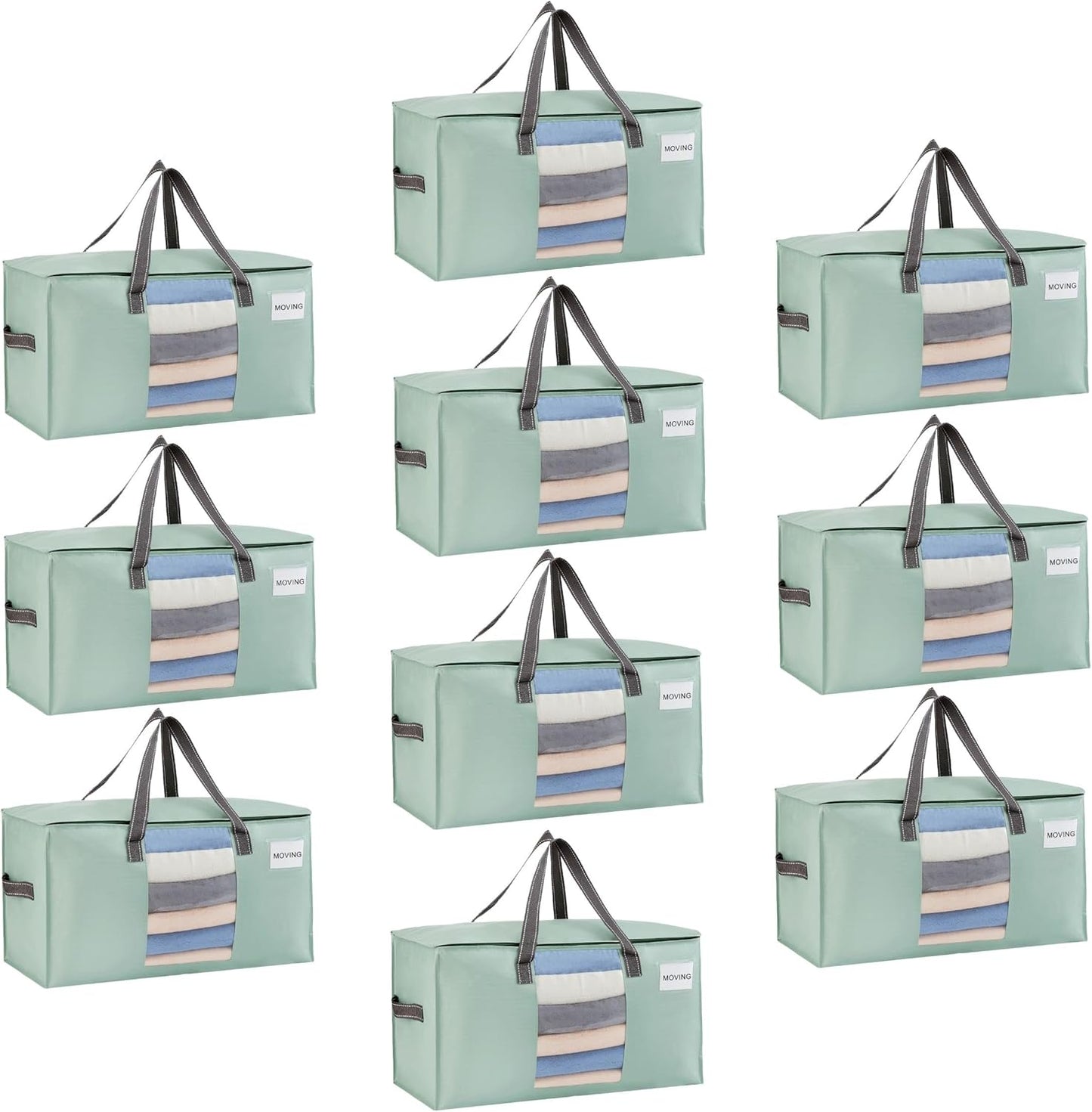 VENO Heavy Duty Moving Bags - 10 Pack Clothes & Comforter Storage with Clear Window | Light Green Matte