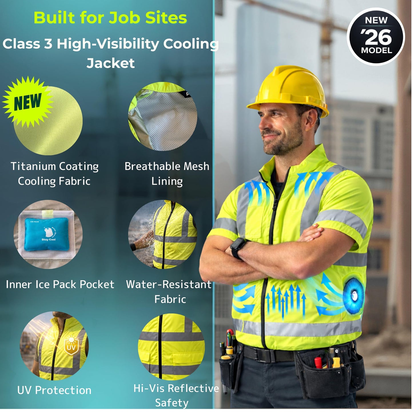 POLAR QUEST SHOP Class 3 Cooling Fan Safety Shirt (Half Sleeve) | Hi-Vis Reflective Work Shirt with Fans & Battery for Construction & Outdoor Work - Extra Large