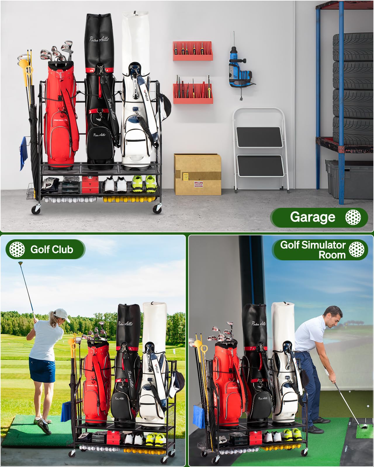 FHXZH 3 Golf Bag Storage Garage Organizer, Golf Bag Stand Fit for 3 Golf Bags, Golf Clubs, Golf Balls, Golf Equipment Accessories, Storage Rack with Wheels for Garage, Club, Shed, Basement