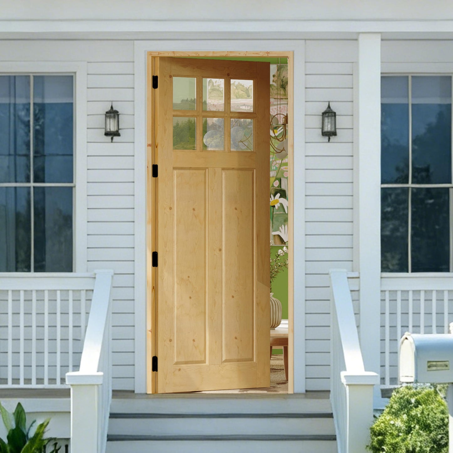 Lakenyon Front Door 30" x 80", 6-Lite Clear Glass Exterior Prehung Door, Left-Hand Inswing Entry Door, Solid Wood Frame, Door Slab + Prehung Door Jamb Kit with 4 Black Hinges, Waterproof Primer