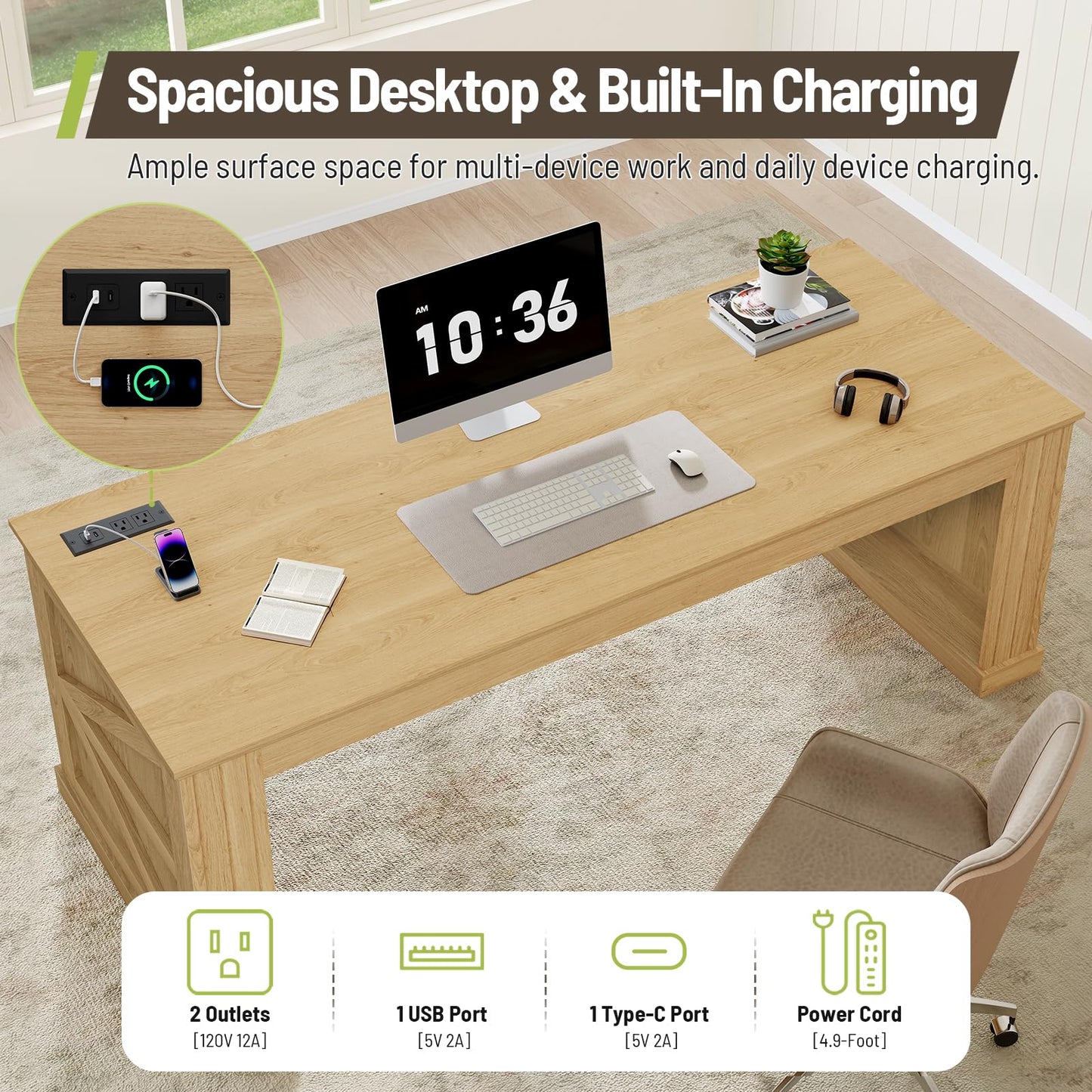 STHYTON 63-Inch Farmhouse Executive Desk, Long Computer Desk with Built-in Charging Station & Bottom Storage, Home Office Writing Study Desk for Bedroom, Living Room, Natural