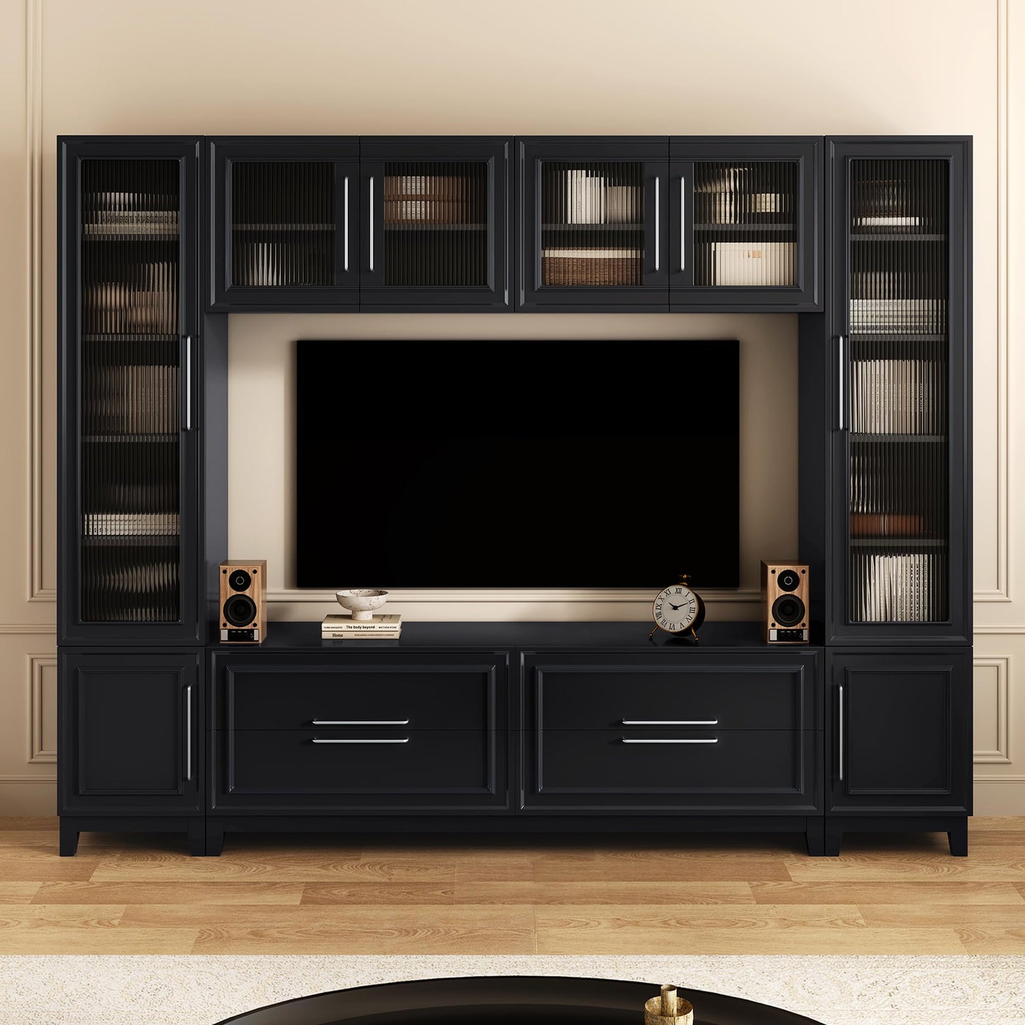 Merax 102" W Wall Unit Modern Entertainment Center with Glass Doors for TVs up to 75", Large Minimalist TV Stand Media Console with Drawers, Glass Doors for Living Room, Black