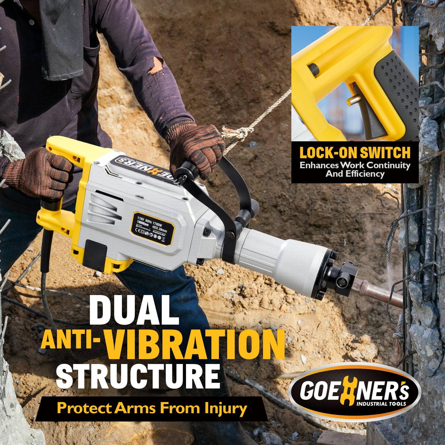 Demolition Jack Hammer Drill, MAX 3500W Jack Hammer Concrete Breaker 1900 BPM Heavy Duty Electric 60J Hammer Drill Chisel for Trenching and Breaking Holes (Orange)
