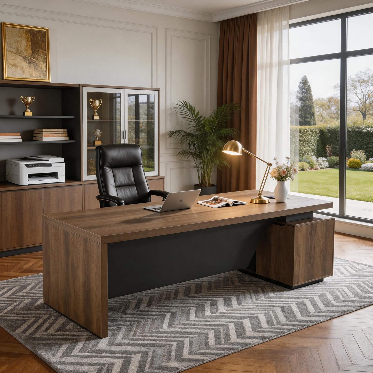 ONNAHOMEStlyle L Shaped Desk with File Drawer, Solid Wood Large Executive Desk for Home Office, Adjustable Width (86.6" to 94.5"), Storage Cabinet & 2 Drawers, Left Return