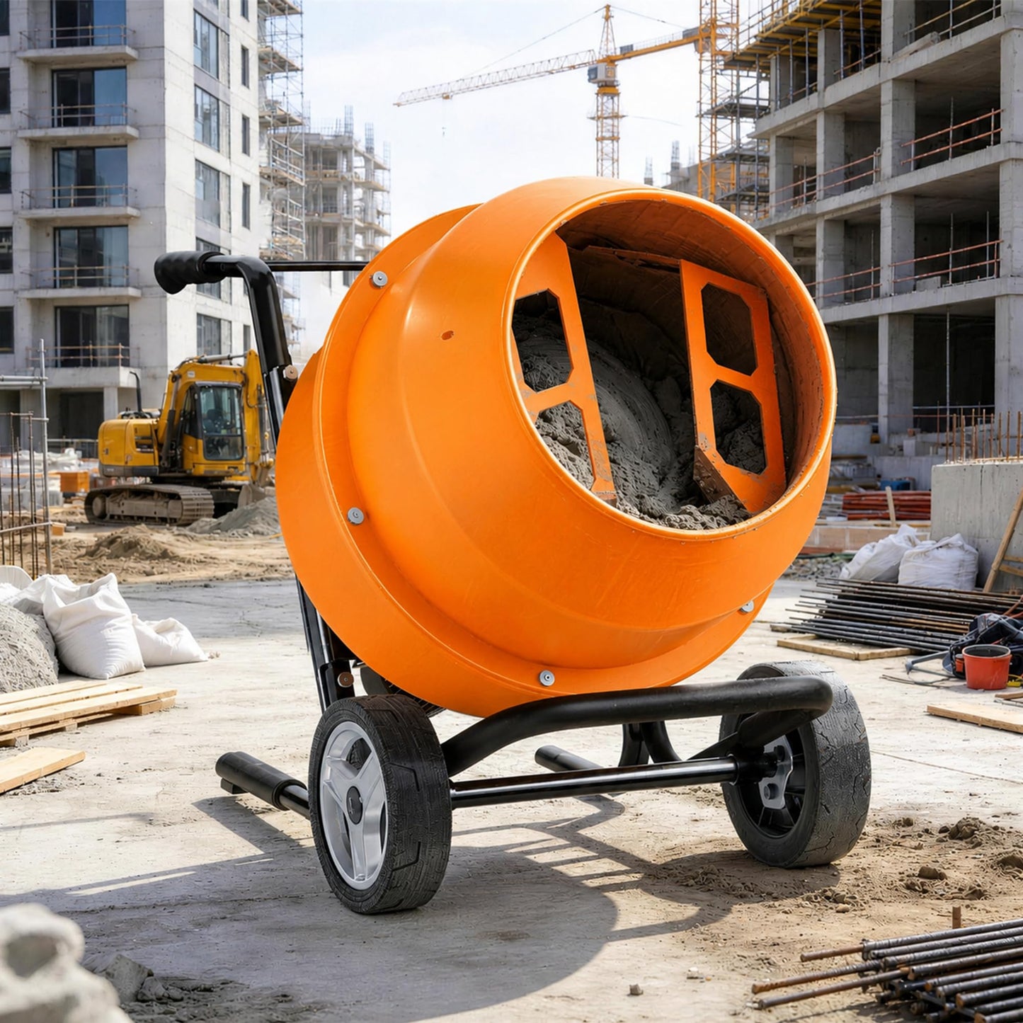 SILVEL 5.3 Cu.Ft. Cart-Mounted Concrete Mixer with Stand– 750W 1HP Electric Cement Mixer, Heavy Duty Mixing Machine for Mortar, Stucco & Grout, Orange