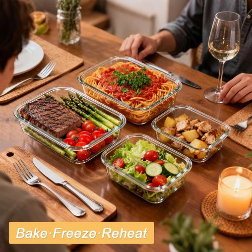 KOMUEE Large Glass Food Storage Containers Set - 4 Pack, Airtight, BPA-Free, Oven & Microwave Safe