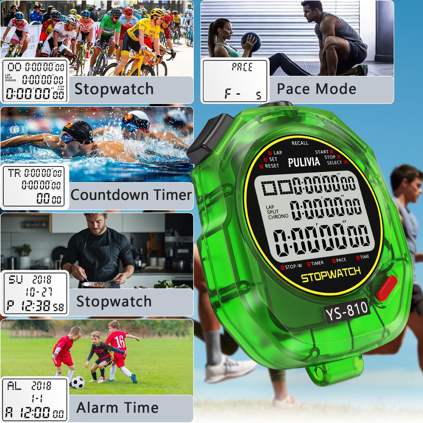 PULIVIA Stopwatch Timer 10 Splits/Laps Digital Stop Watch for Sports, Countdown Alarm Clock Date Memory Recall Large Display, Stopwatch for Coaches PE-Teacher Referee, Green