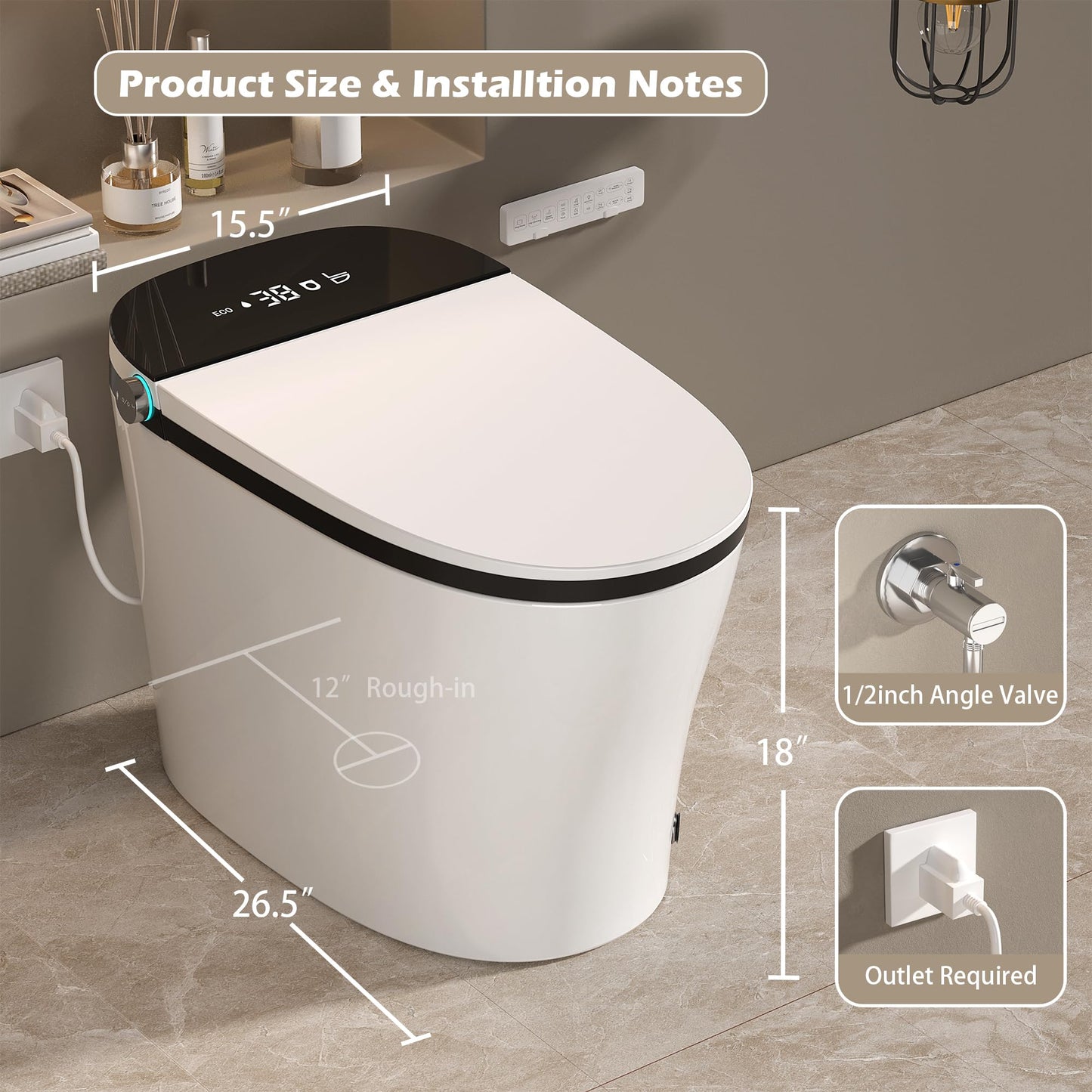 WinZo Smart Toilet with Bidet Built in, ADA One-Piece Toilet Auto Open/Close & Flush, Heated Seat, Front & Rear Wash, LED Display, Night Light, 12-inch Rough-in (Black)
