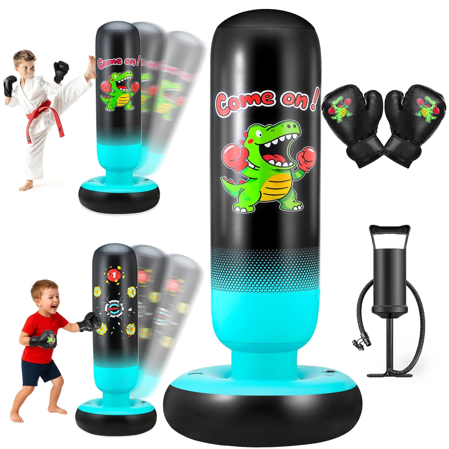 EIVONDA Punching Bag for Kids 65" Inflatable Dinosaur Kids Punching Bag with Boxing Gloves Boxing Bag Set with Pump Dinosaur & Hitting Target Pattern 2 in 1 Birthday Gifts for Boys & Girls Age 3-12