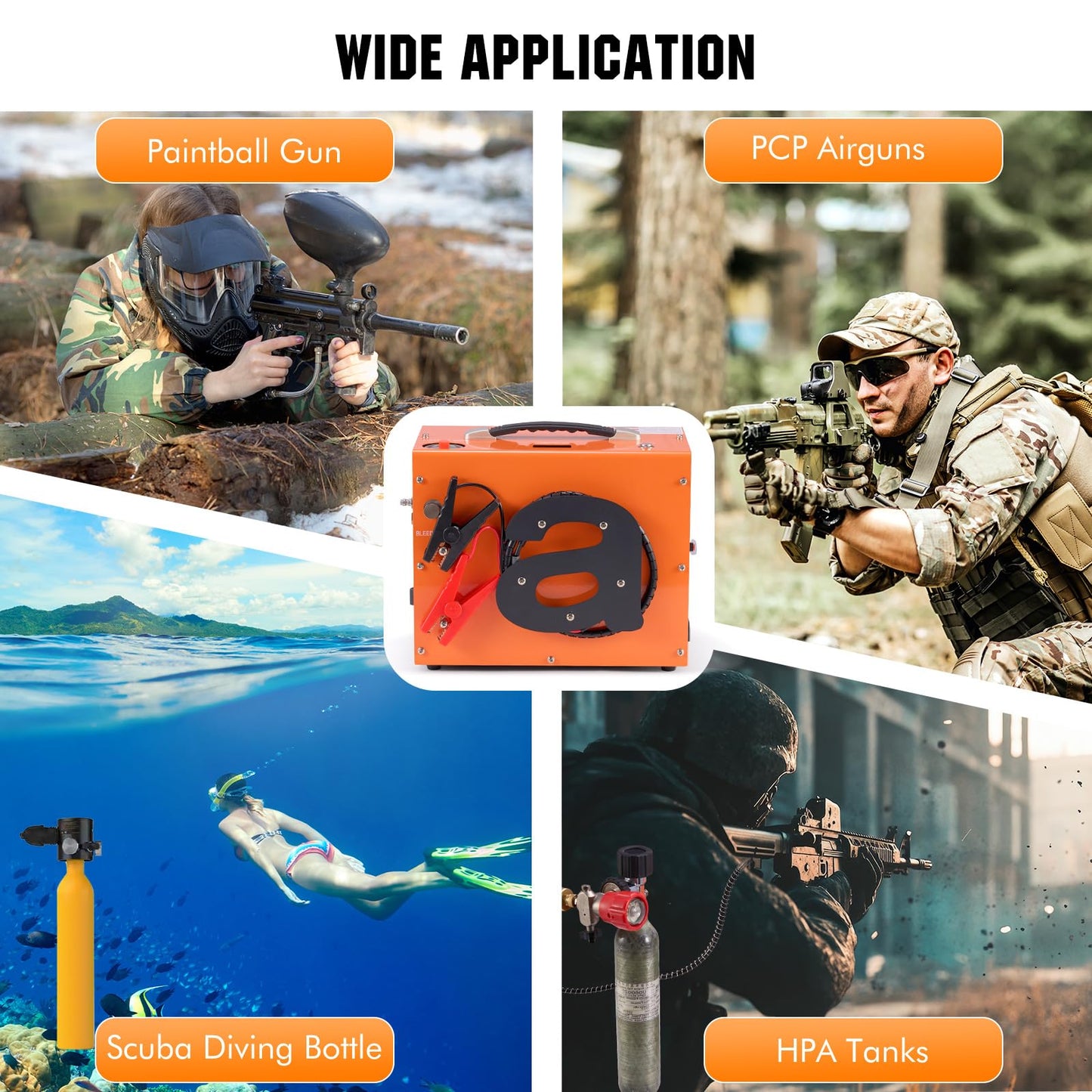 PCP Air Compressor with Atuo Shut-Off, Portable 4500Psi/30Mpa, Water/Oil-Free, One Button Start, Bursting Disc, 12V DC/120V AC PCP Airgun Compressor, Rifle/Pistol and Paintball Tank Air Pump (Orange)