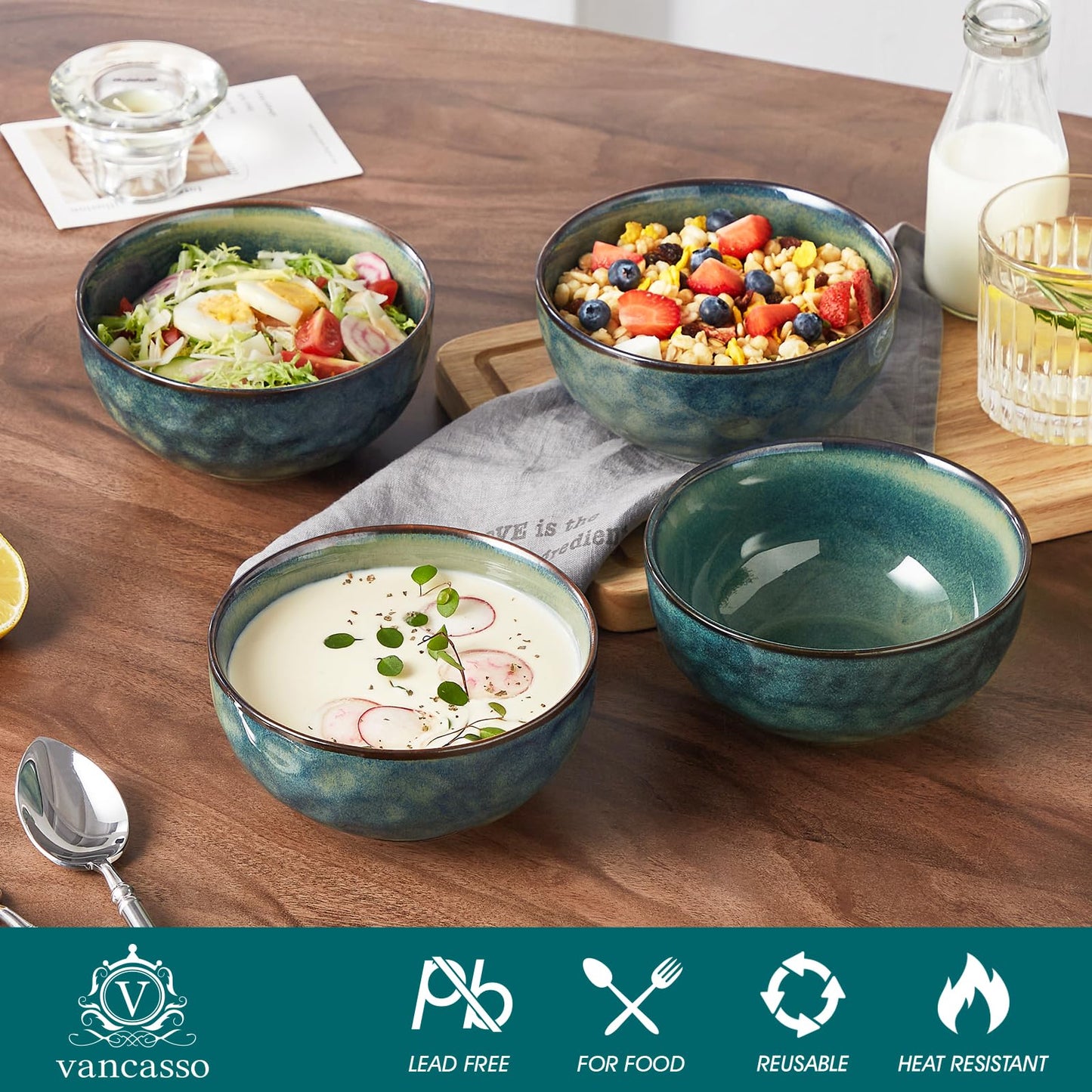 vancasso Starry 24oz Bowls for Soup, Ceramic Deep Soup Bowls Set of 4, Green Cereal Bowls Set for Kitchen, Salad Bowls Set, Pasta Oatmeal Bowls, Lead-free, Dishwasher & Microwave Oven Safe