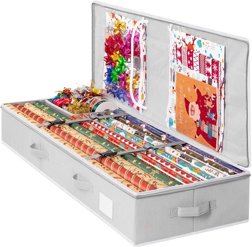 Criusia Gift Wrapping Paper Organizer - Durable Underbed Storage for 24 Rolls | Removable Dividers & Pockets, Grey