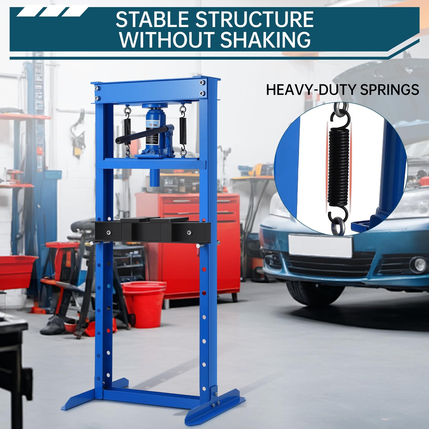 Garvee 12T Hydraulic Press, H-Frame Hydraulic Shop Press with 2 Press Plates, Heavy Duty Garage Floor Shop Press with Adjustable Work Table Height for U-Joints, Blue