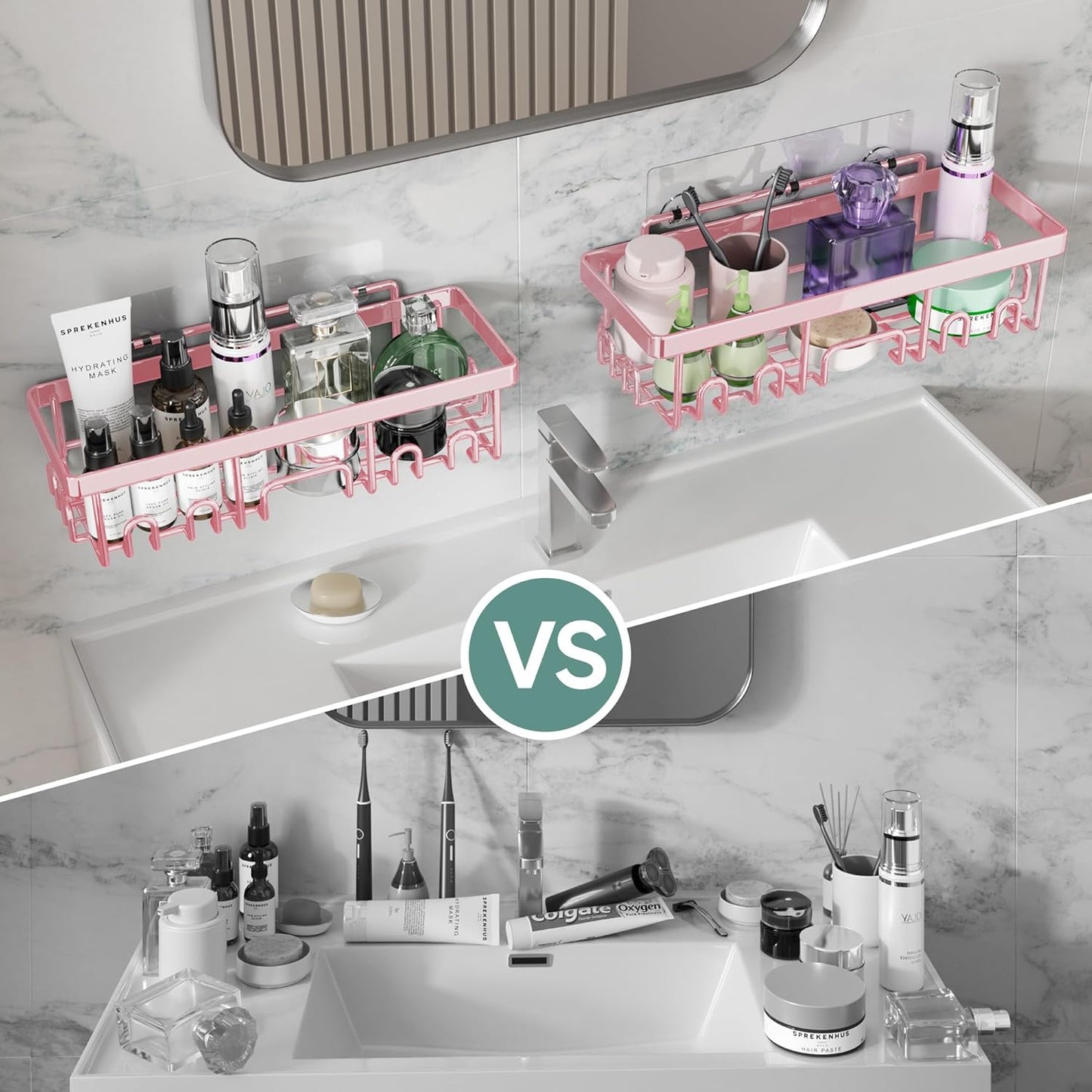 Veken Large Capacity Shower Caddy - Rustproof Adhesive Shelves with Soap Holder | 6-Pack Pink Bathroom Organizer