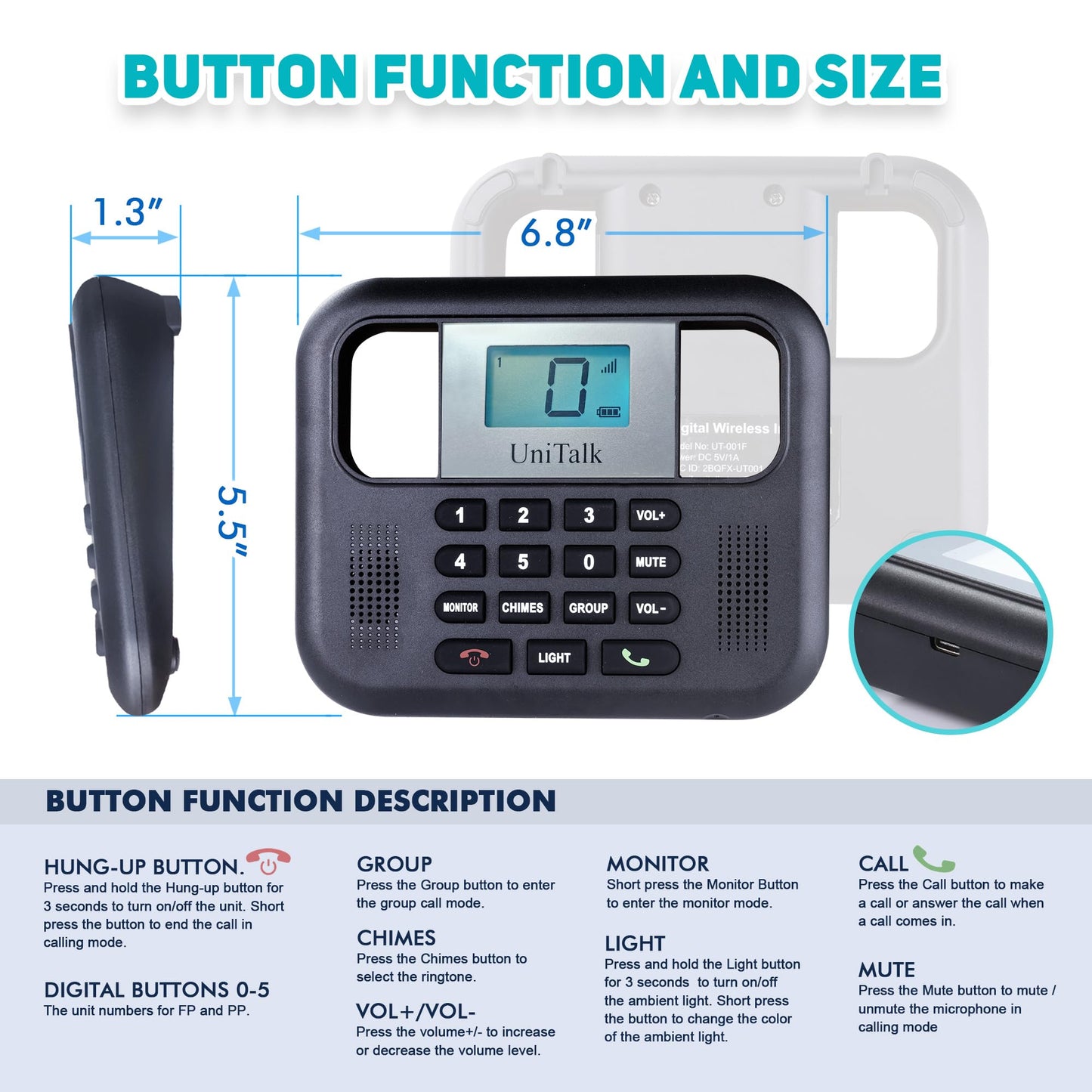 UniTalk Wireless Intercoms for Home & Office, Two-Way Real-time Full-Duplex Voice System with Offline Voice Control & Monitor Function, Clear Sound, Up to 800 Meters (1/2 Mile) Range (UT-001-1F2P)