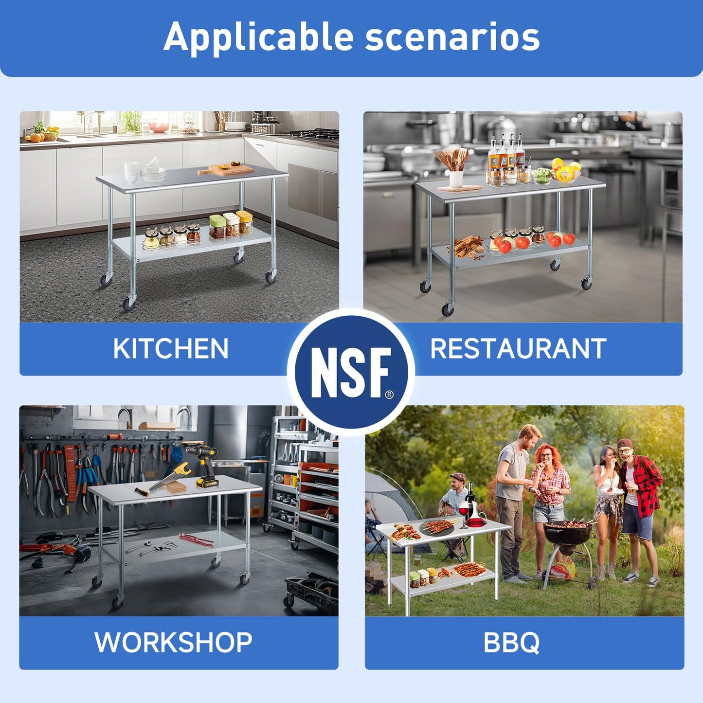 ROCKPOINT Stainless Steel Table for Prep & Work 24x60 Inches, NSF Metal Commercial Kitchen Heavy Duty Table with Adjustable Under Shelf and Table Foot for Restaurant, Home and Hotel