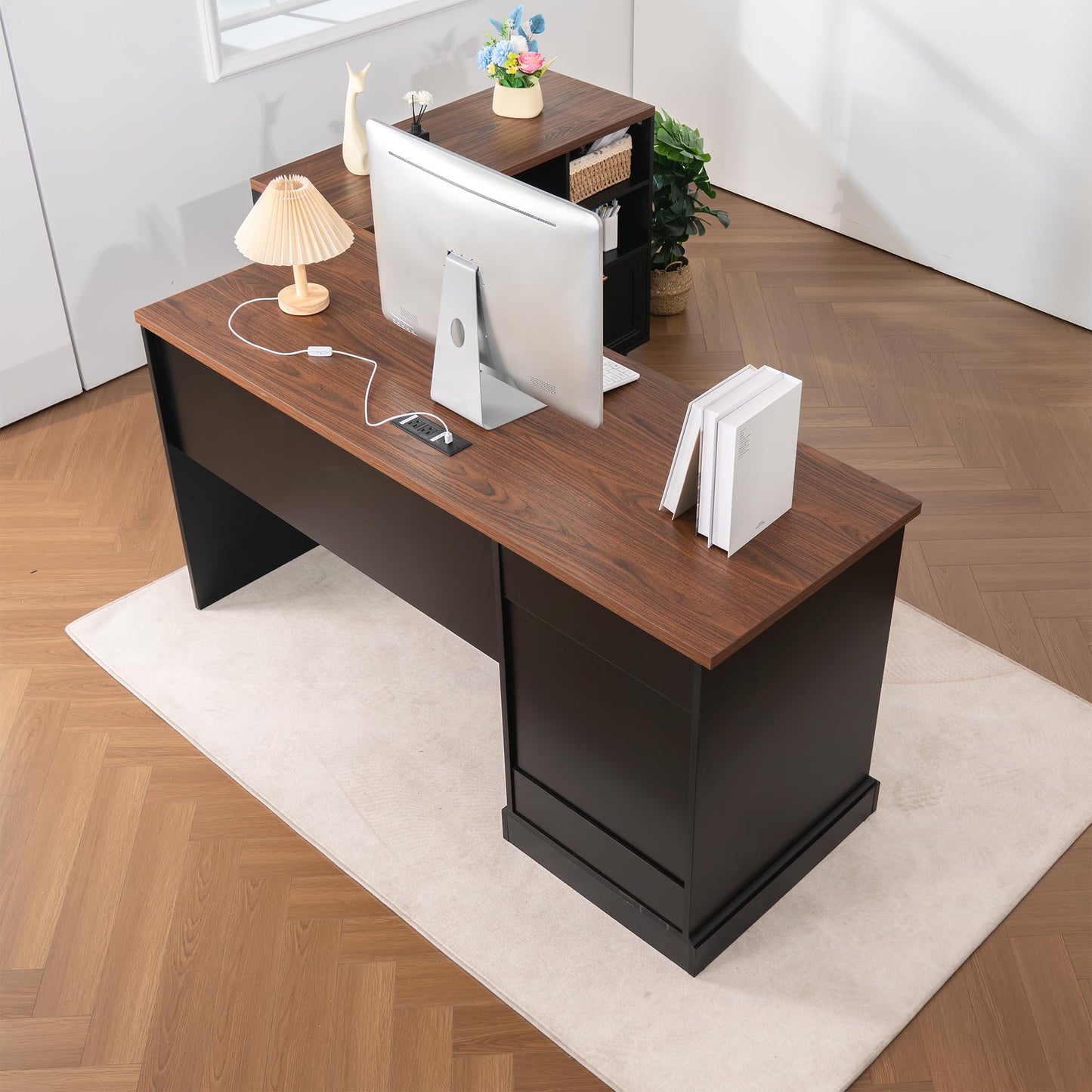 Zethvax 60" Farmhouse Executive Desk and 40" Mobile File Cabinet Combination,L Shaped Executive Desk with Charging Station,Home Office Desk for Office Work,Home Study
