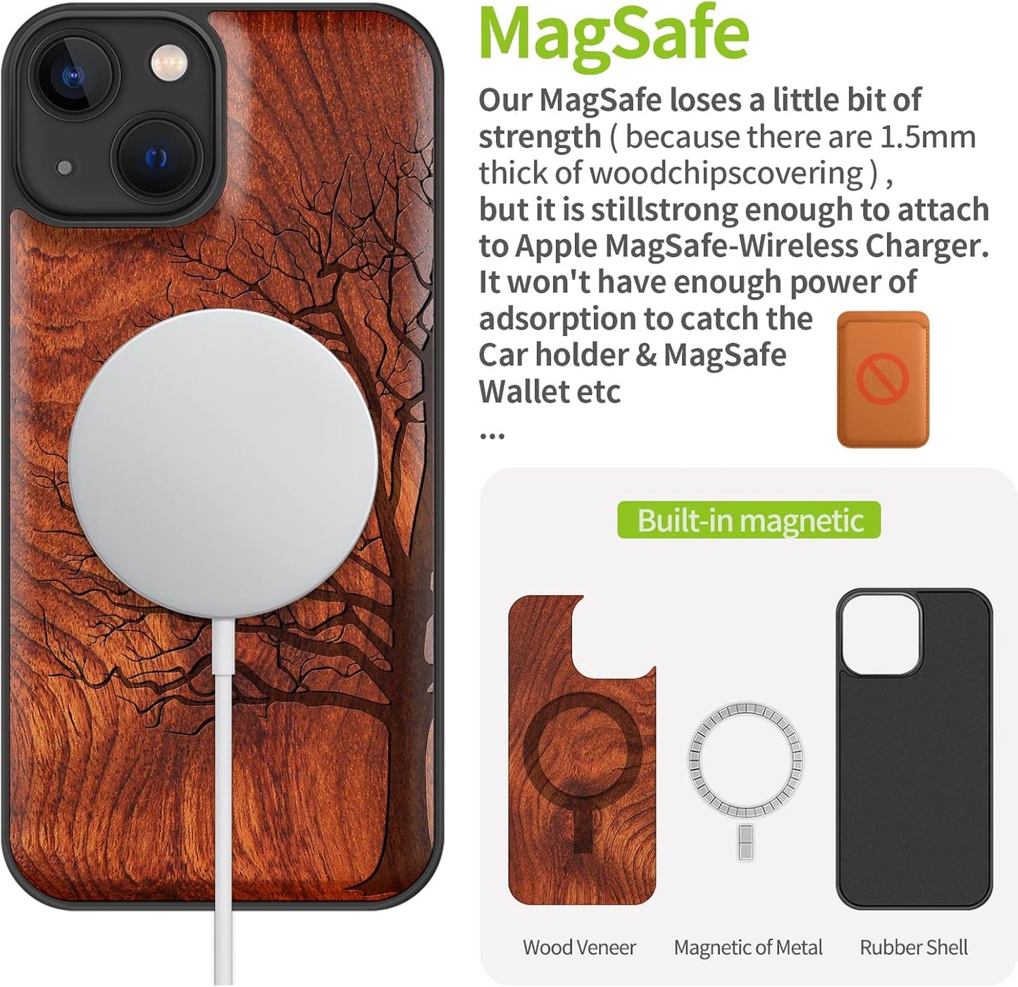 Carveit 13 Magnetic Wood Case for iPhone Case [Hard Real Wood & Soft TPU] Unique & Classy Wooden Shockproof Hybrid