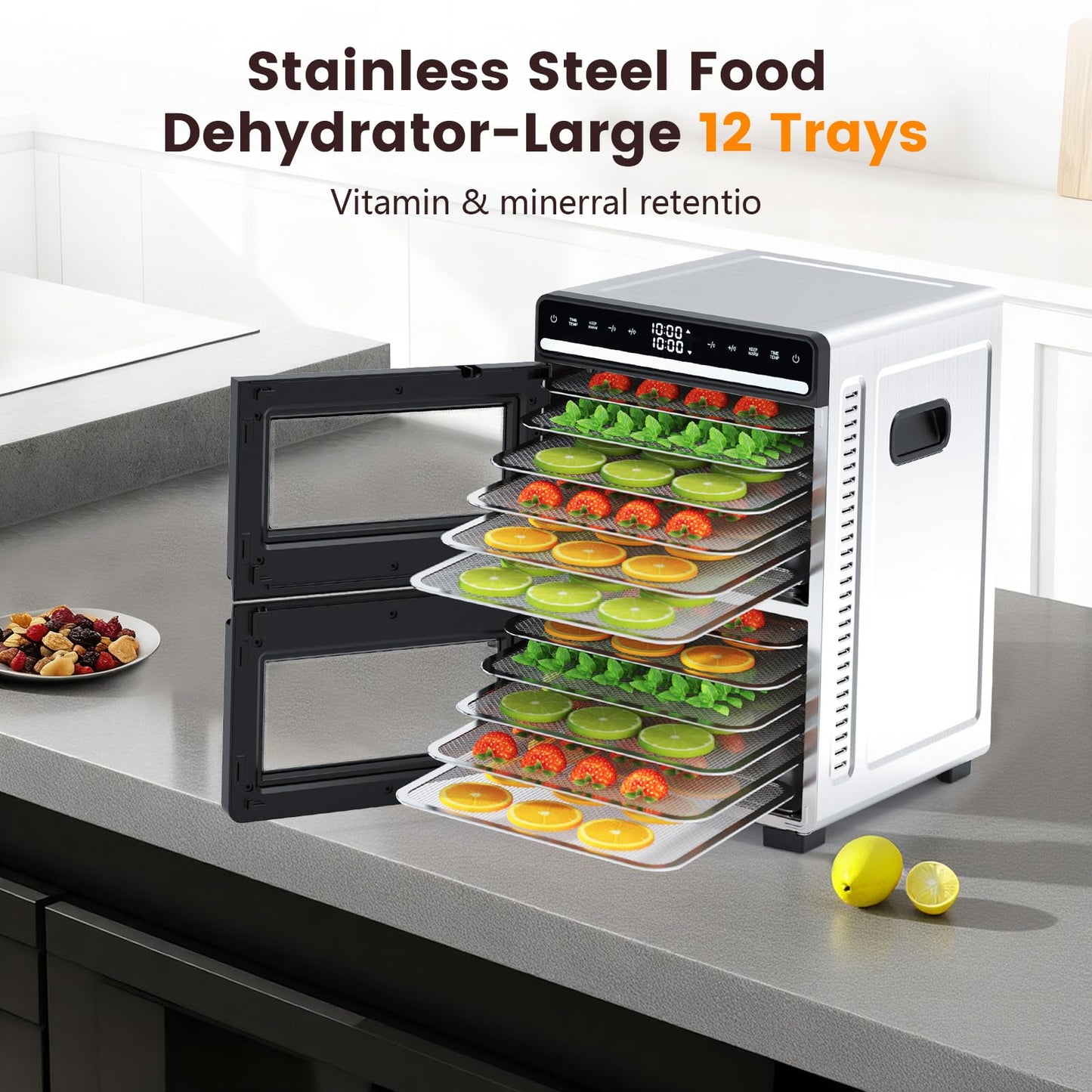 Dual Chamber Food Dehydrator, 12 Stainless Steel Trays, 1100W, Independent Temperature & Time Control for Two Chambers, Flavor Separation Perfect for Jerky, Fruit, Vegetables, Pet Treats