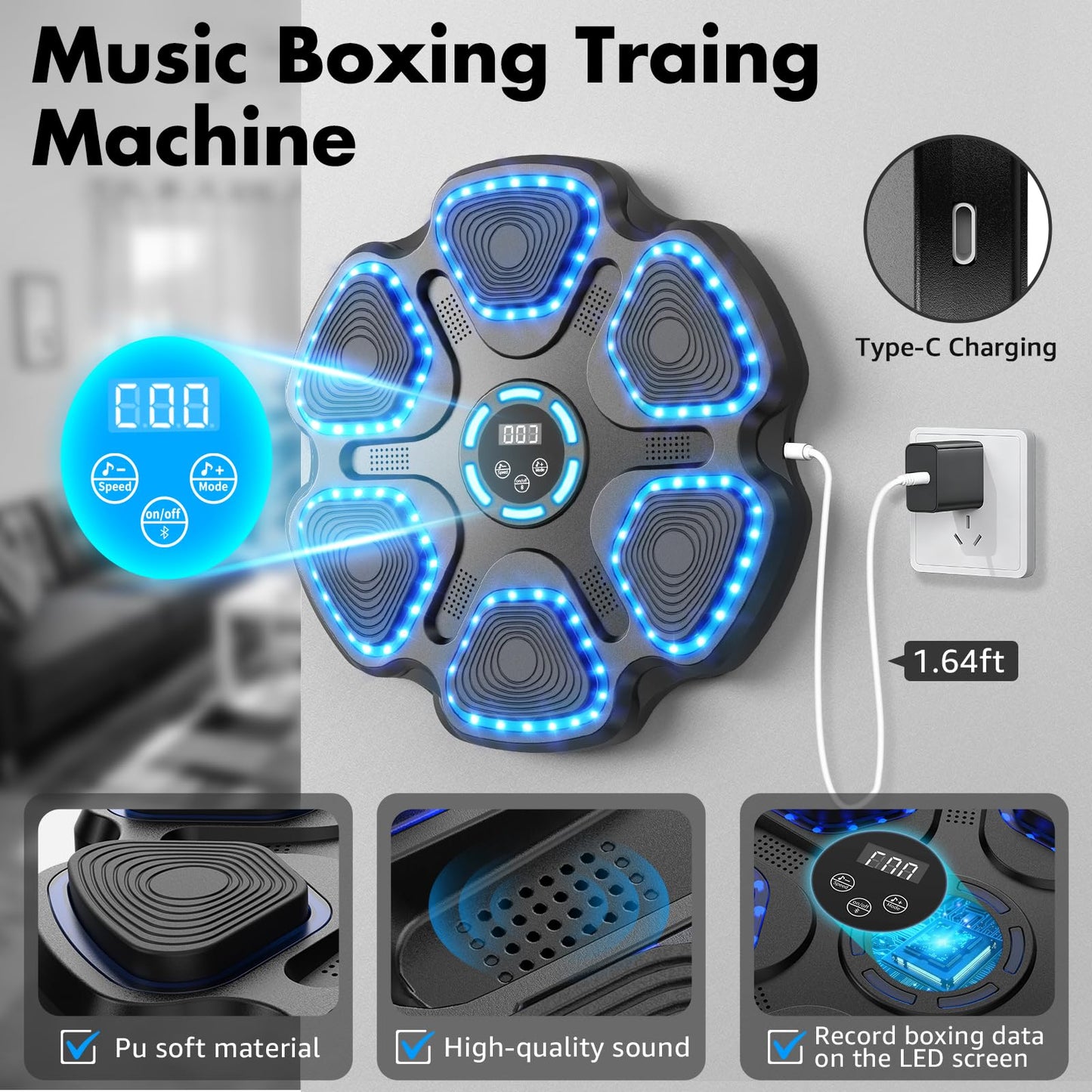 Music Boxing Machine for Kids Adults, Smart Interactive Music Punching Machine with Gloves 11 Modes 9 Speeds Wall Mounted Electronic Boxing Punching Pad for Reaction Training Home Fitness Room Game