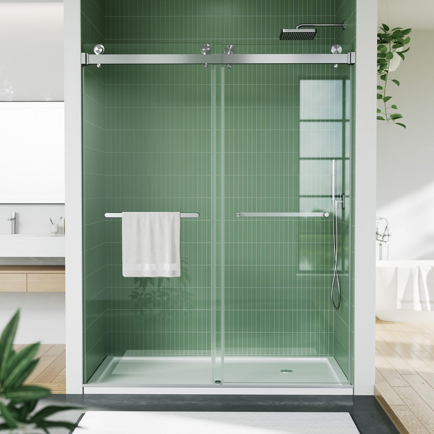 Frameless Double Sliding Shower Door 56–60 × 74 Inch – Bypass Glass Shower Door with 6mm Tempered Glass, Square Stainless Steel Rail, Brushed Sliver
