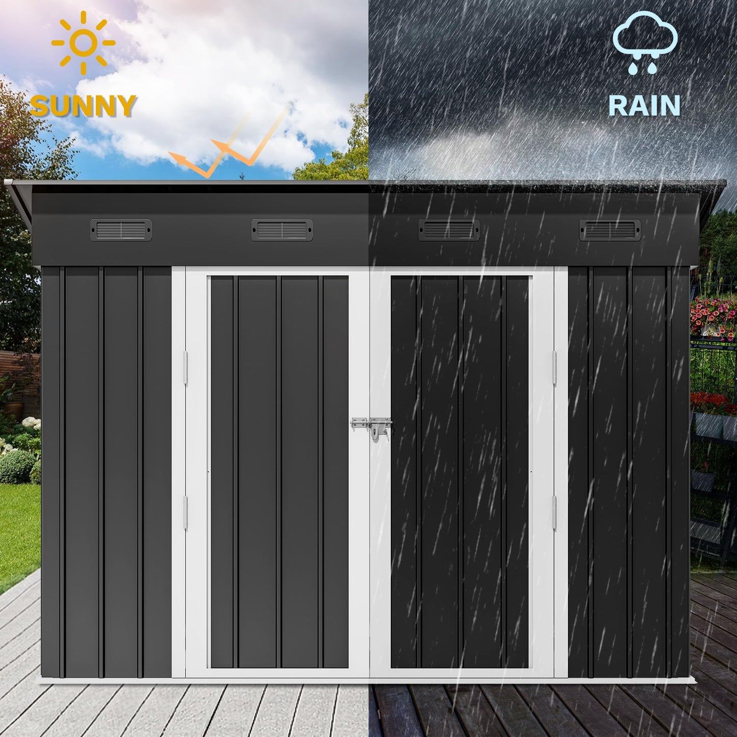 DWVO 8.5' x 3.5' Outdoor Storage Shed, Lockable Double Doors, Sloped Roof, Heavy-Duty Steel Shed for Garden & Patio, Large Backyard Tool Organizer, Dark Gray
