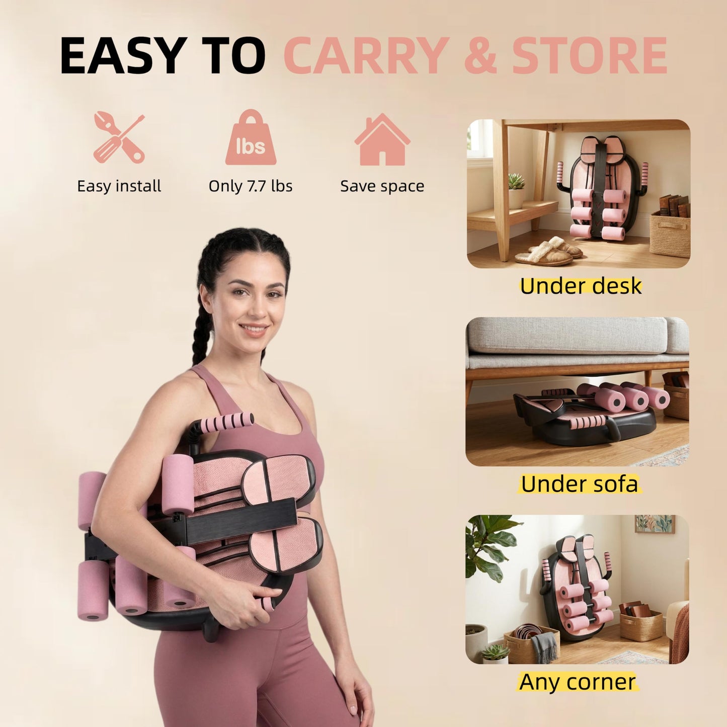 7 in 1 Ab Machine, Sit Up Exercise Equipment with Removable Auxiliary Handle, Home Workout Equipment for Abs, Legs, Arms, Ab Trainer Women Men (Pink)