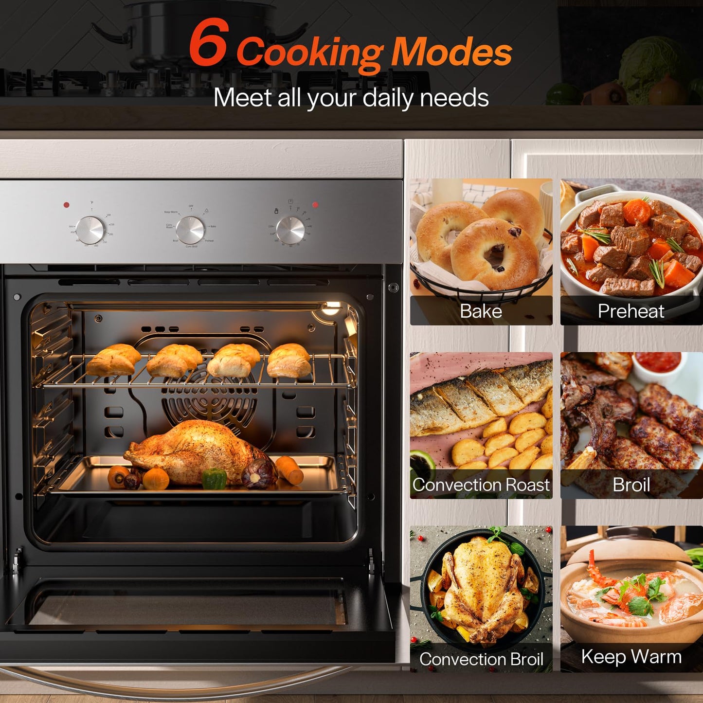 Empava Built-In Electric Single Wall Oven 24 inch with Convection and Rotisserie 6 Cooking Modes, Knob Control, Stainless Steel