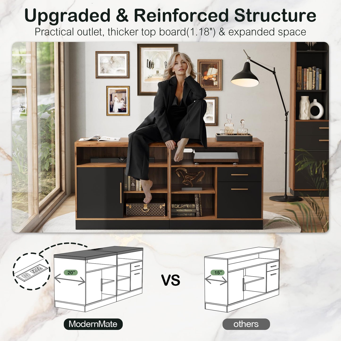 ModernMate 67" L Shaped Standing Desk, Electric Adjustable Height Executive Workstation for Home Office, File Cabinets, Built-in Outlets, Engineered Wood 1.18" Desktop, Alloy Steel Base, Black Walnut