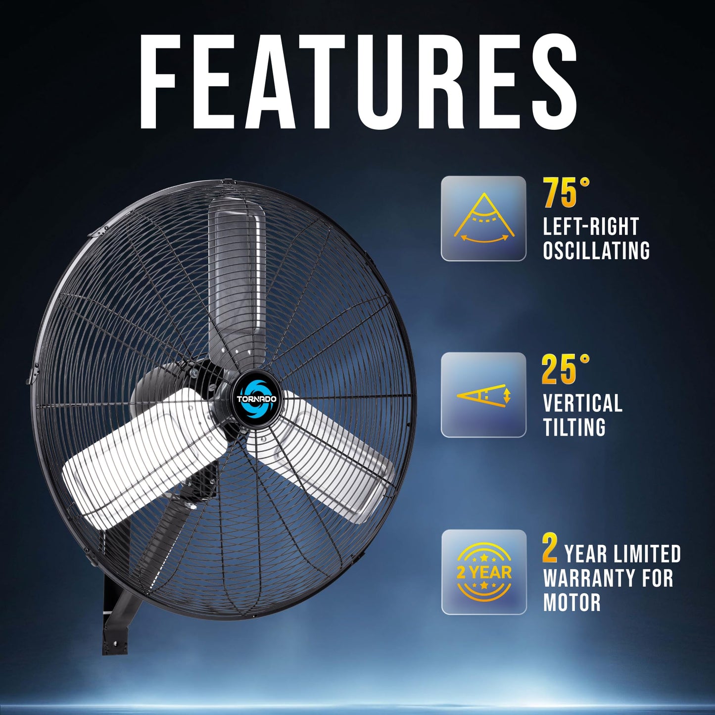 Tornado 24 Inch High Velocity Oscillating Wall Fan – 3 Speed, 7200 CFM, Heavy Duty Metal Construction, 6.6 FT Power Cord – UL Certified for Commercial, Industrial, and Garage Use