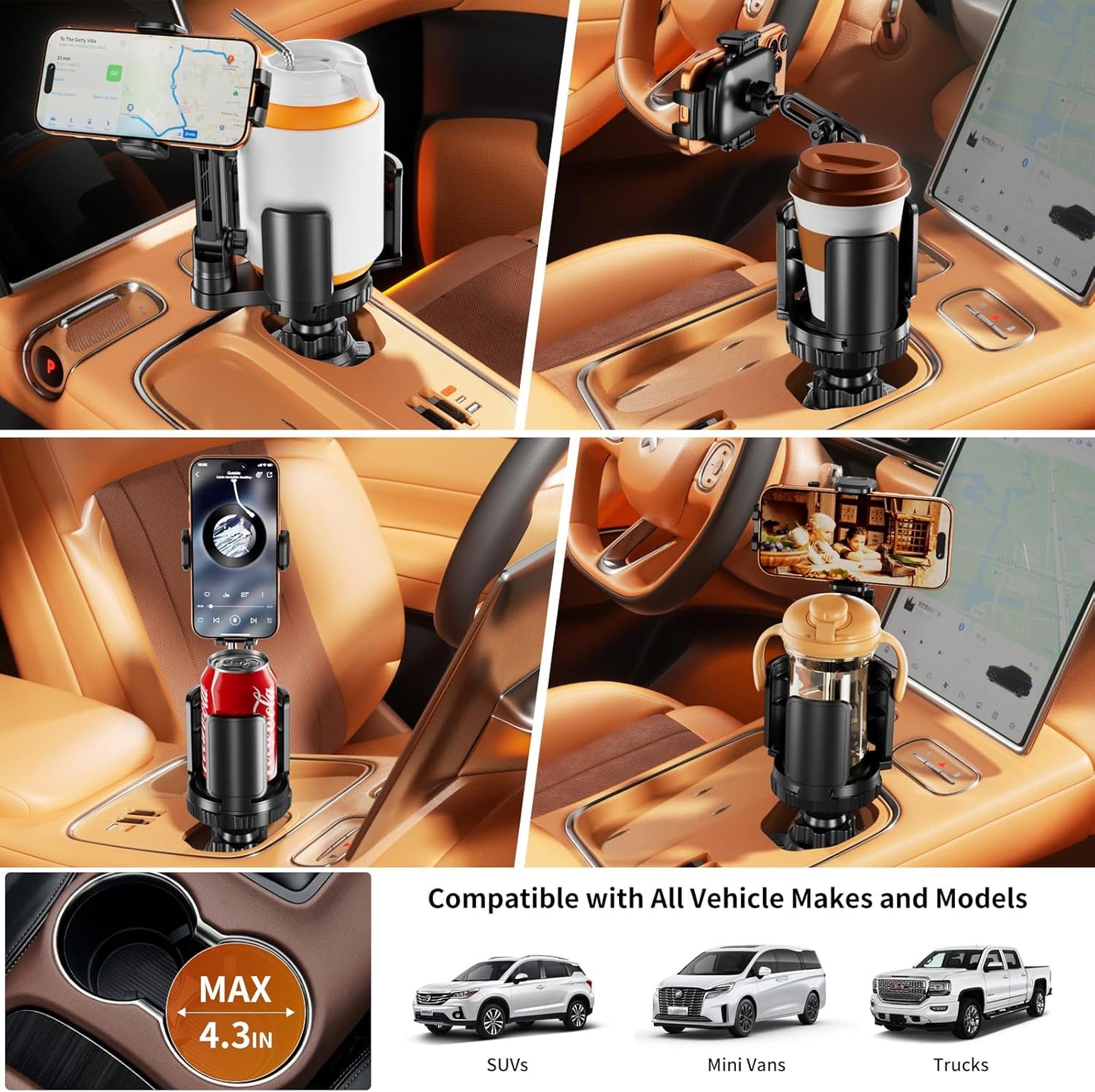 bokilino 2 1 360Rotation 4-7 5.31'' Phone Holders for Your Car, in Cup Holder Phone Mount with Expander, Secure Hold