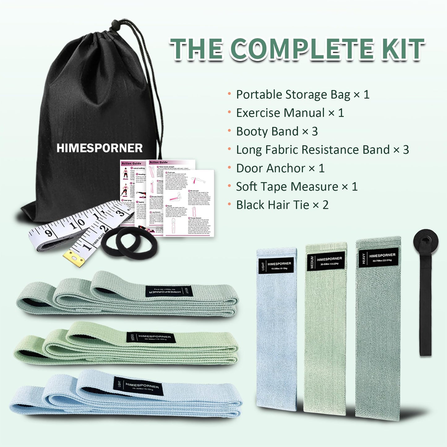 HIMESPORNER 9 PCS Fabric Resistance Bands Set for Working Out, Non-Slip Exercise Booty Bands for Women & Men Leg and Glutes with Hair Ties and Tape Measure - for Home Gym Workout, Yoga, Pilates