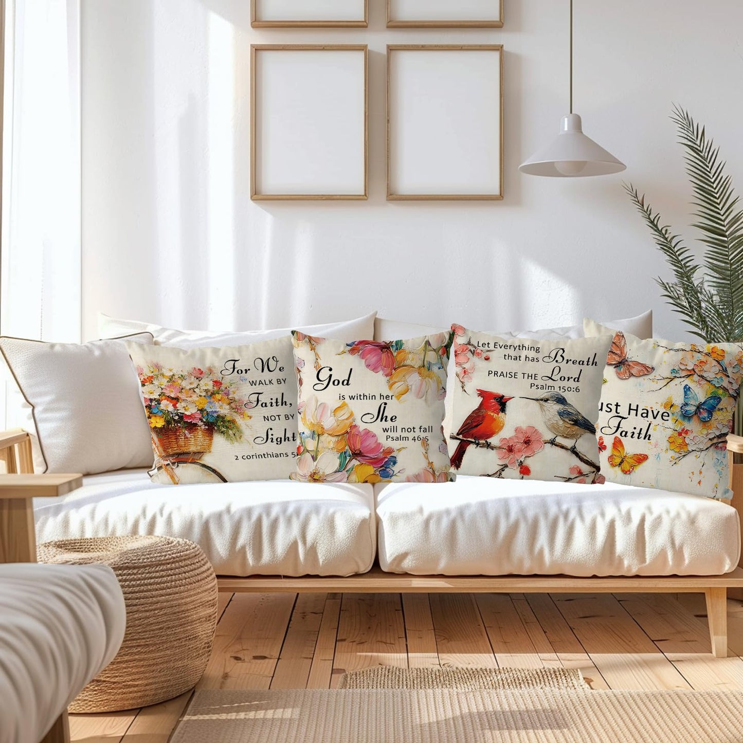 QIONG MENG Jesus Christian Pillow Covers 18 x 18 Inch Set of 4 Cardinal Butterfly Spring Summer Throw Pillowcase Floral Religious Decorative Cushion Case for Home Sofa Farmhouse Decorations