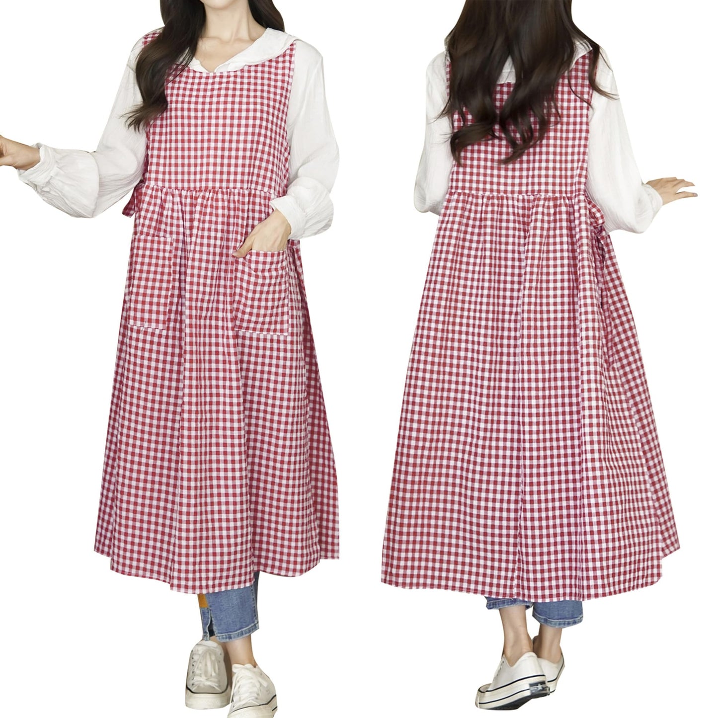 TALIBSA Plaid Apron Dress，Japanese Cotton Linen Cross Back Apron for Women with Pockets，Pinafore Dress with Waist Ties (Red Plaid)
