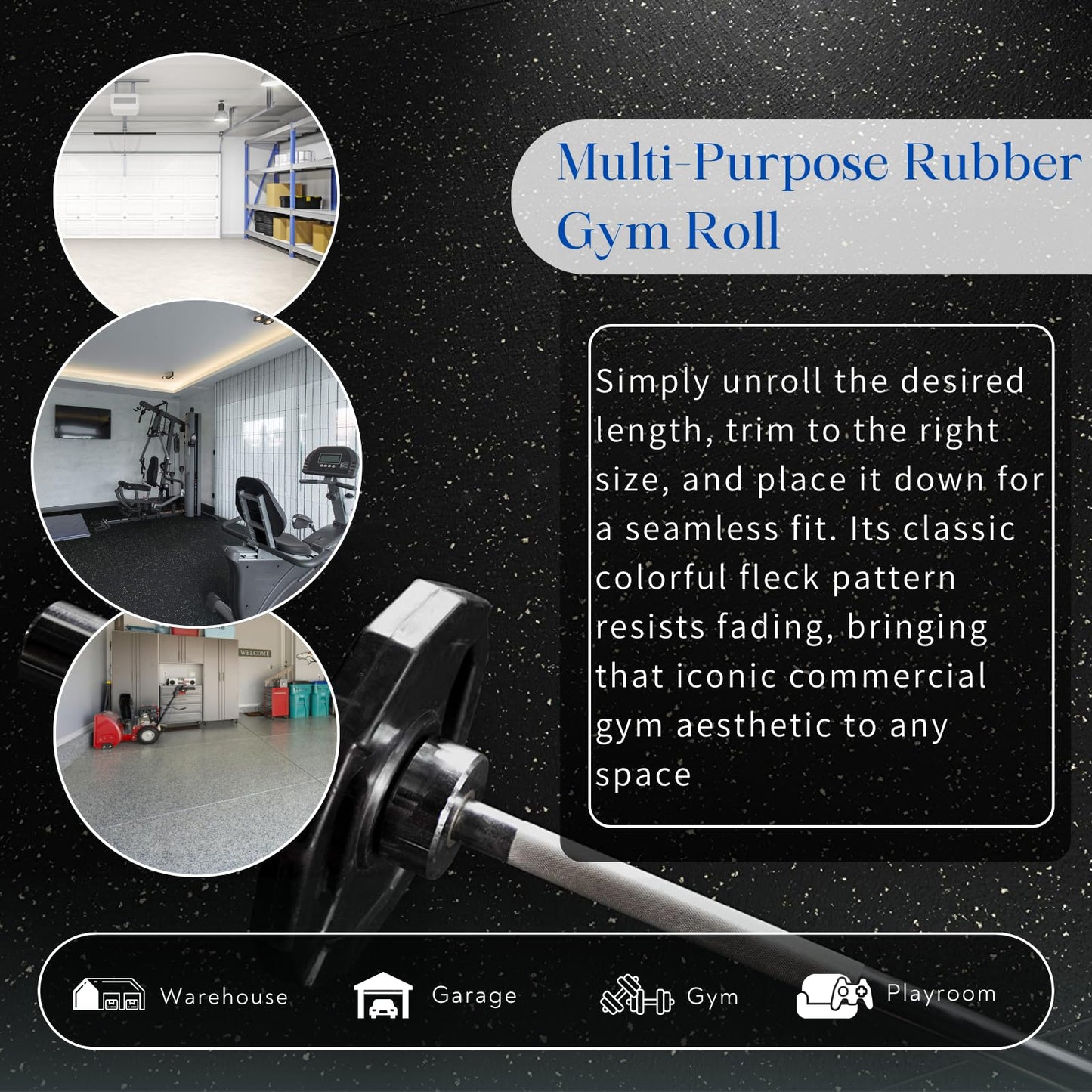 4X10 FT Heavy Duty Rubber Gym Flooring Roll，Rubber Gym Flooring for the Basement, Garage, Gym, Home Gym Flooring, or Playroom -Non-Slip Shock Absorption，Black/Grey