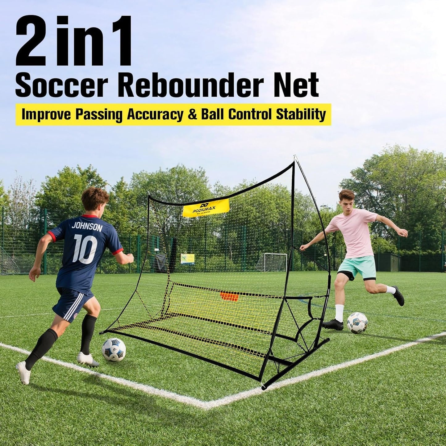 PodiuMax Soccer Rebounder, 6x4.7ft Large Soccer Rebound Net & 6x1.3ft Ground Pass Net, Soccer Bounce Back for Kick Back Trainer & Footwork Training with Carry Bag
